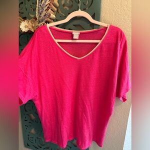 Chico's Bright Pink V-Neck Short Sleeve Top with Gold Trim size XL…size 3 Chico